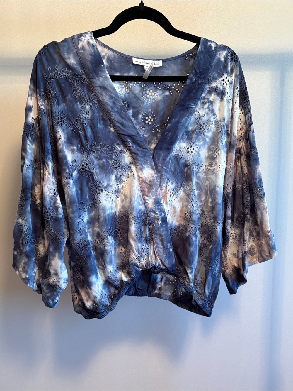 Young Fabulous & Broke Blue and White Tie-Dye Eyelet Wrap Blouse